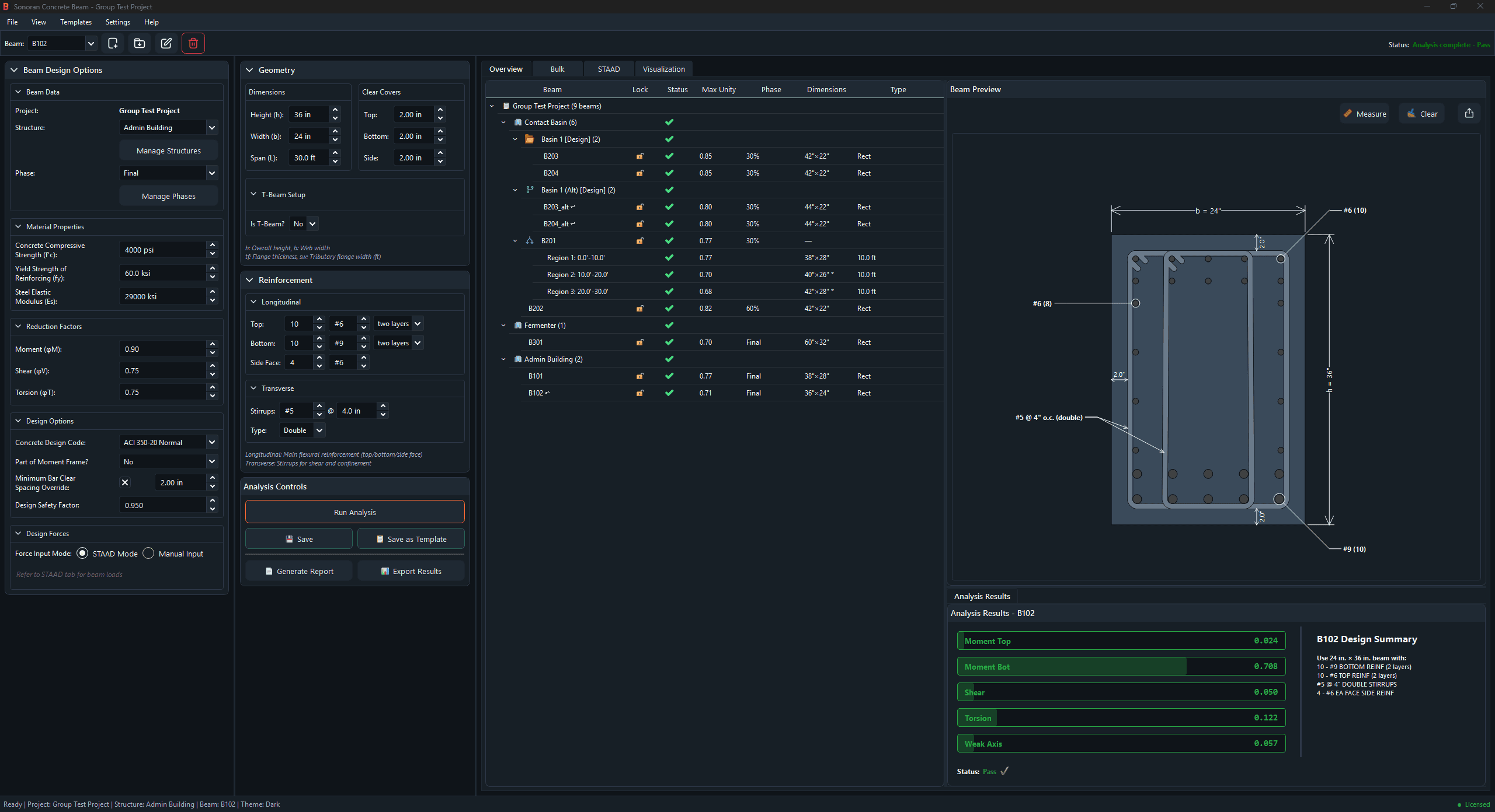 Sonoran Concrete Beam application showing bulk beam management, cross-section preview, and analysis results