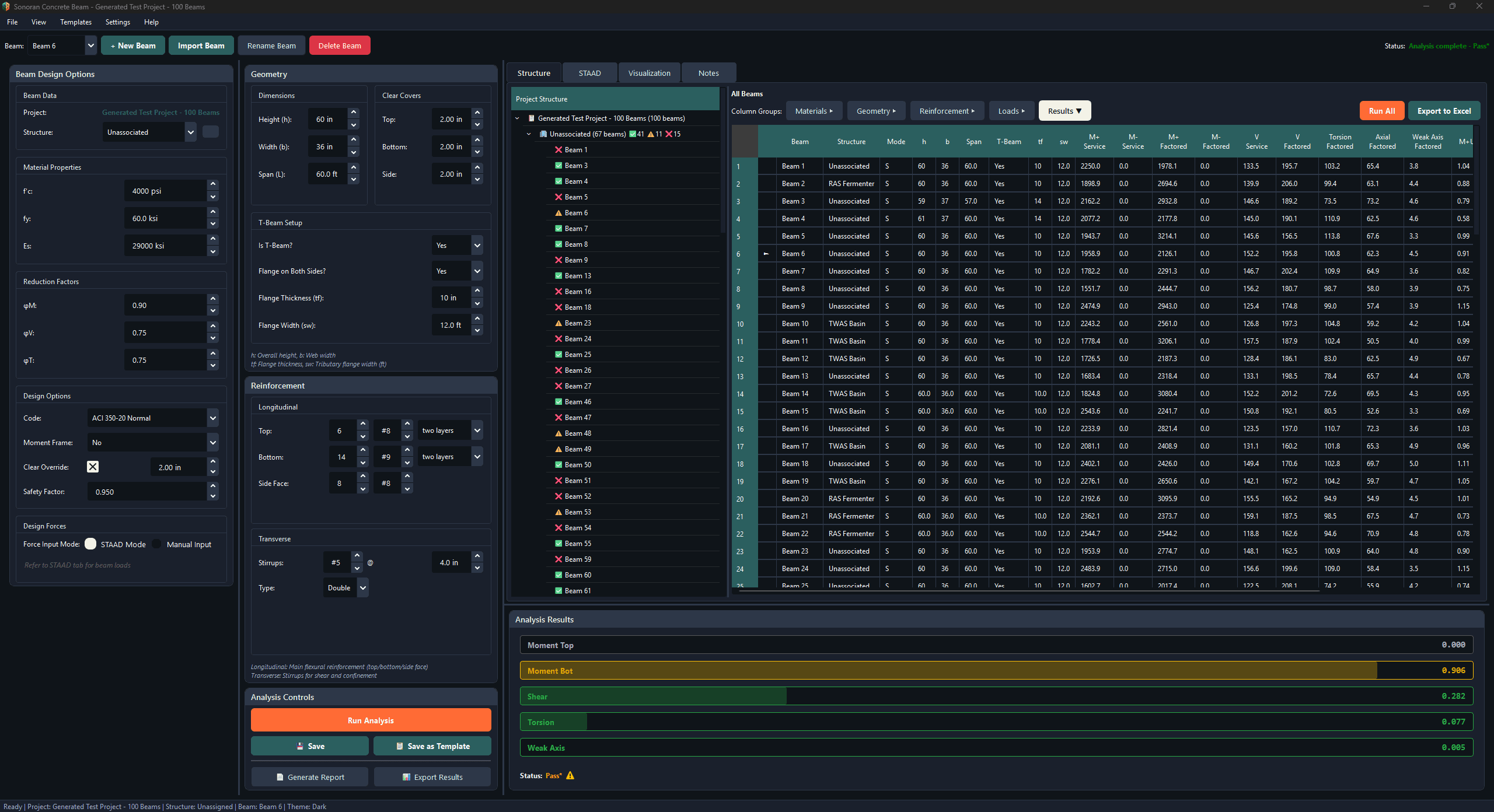 Bulk analysis interface showing 100 beams with comprehensive results table