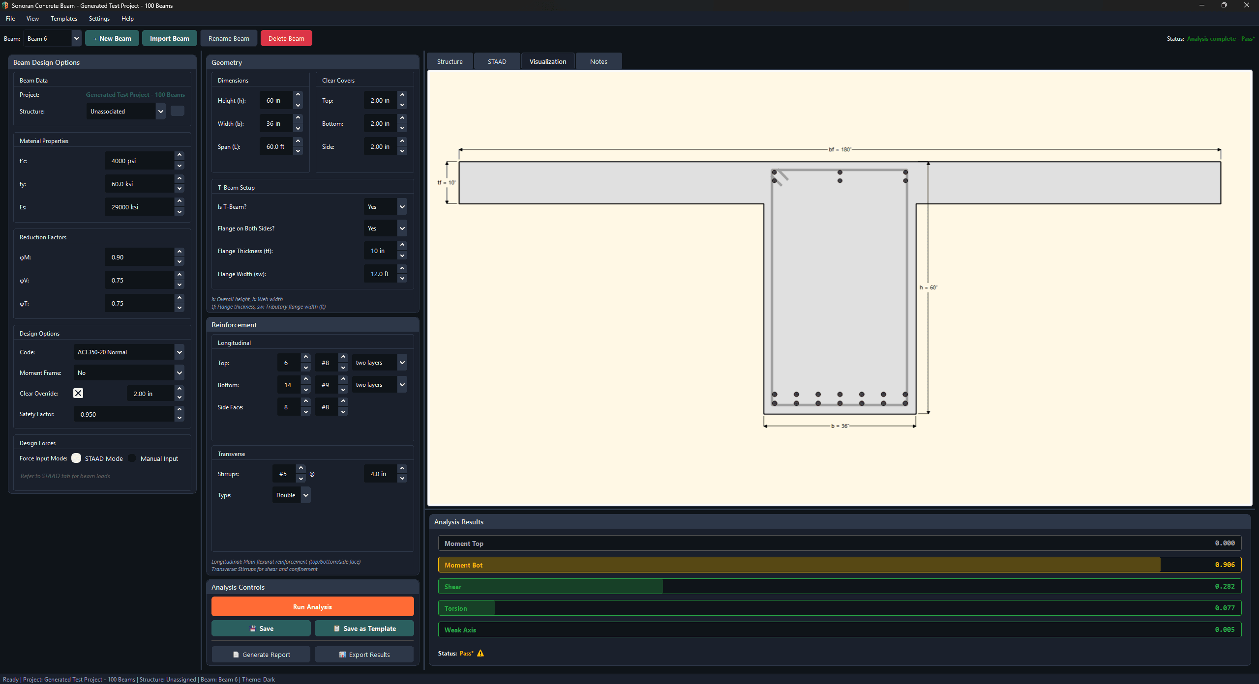 T-beam cross-section visualization with professional dimensioning and reinforcement layout